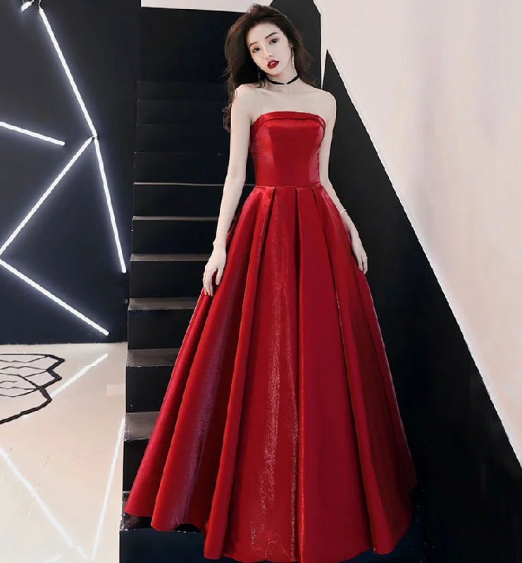 Party Dresses with Holographic DetailsSimple satin long prom dress burgundy evening dress  8523