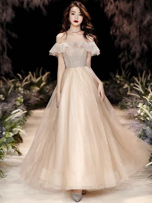 Party Dresses with SandalsSparkling champagne tulle sequins prom dress  8276