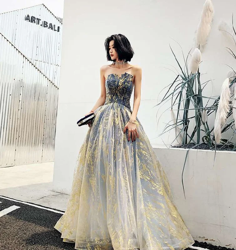 Party Dresses with Contrast TrimUnique tulle long prom dress, evening dress  8217