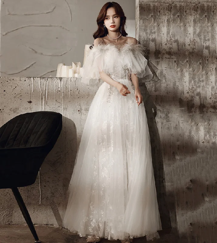 Party Dresses for Theater PerformancesUnique tulle sequins long prom dress white evening dress 8534
