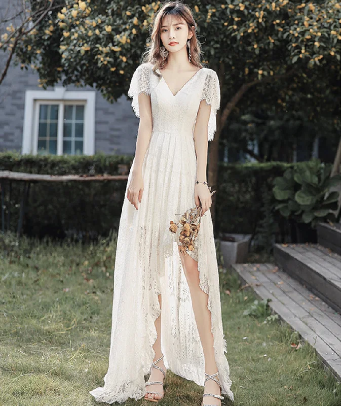 Party Dresses with Lace DetailsWhite lace high low prom dress evening dress  8398