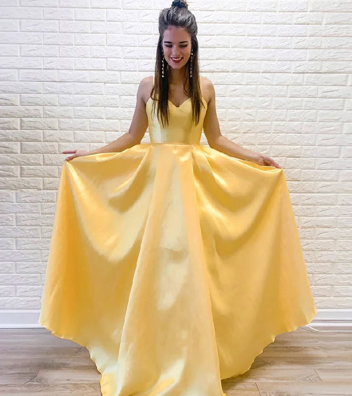 Party Dresses with Cotton BlendYellow satin long prom dress evening dress  8187