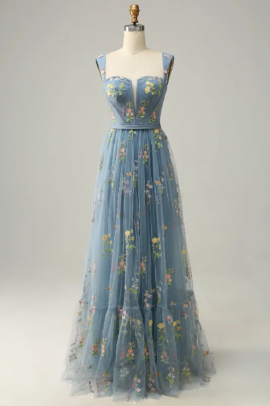 Party Dresses for Fitness ClassesA-Line Col carré Gris Bleu Long soirée Robe avec Broderie