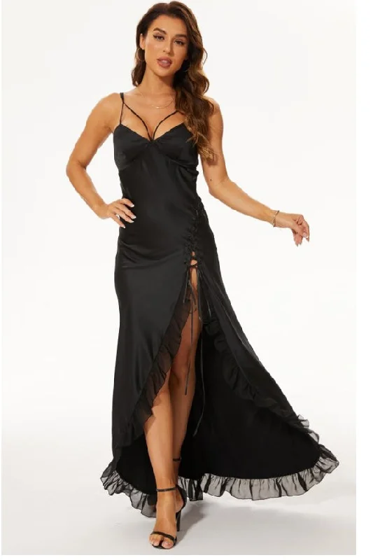 Party Dresses with LaceBlack Satin Spaghetti Strap Ruffle Dress