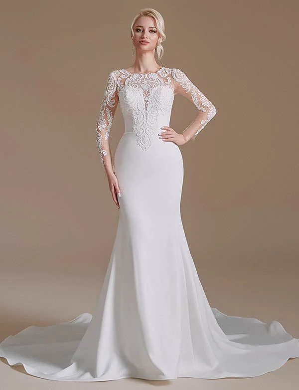 Party Dresses with Backless DesignBlanc Sirène Manches Longues Balayage Train Robe de mariée avec dentelle