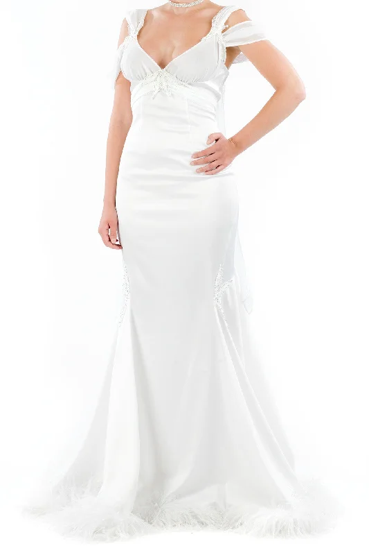 Party Dresses for Indoor GamesBombshell Caped Gown with Ostrich Feather Trim