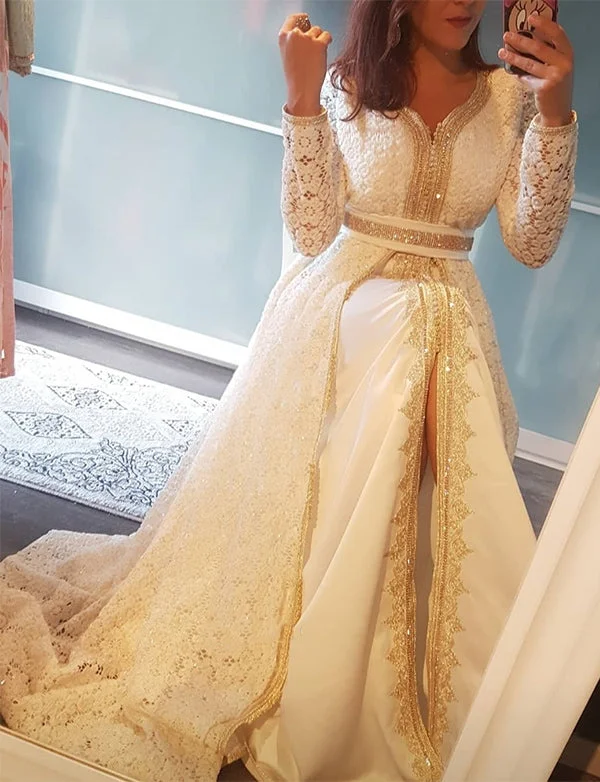 Party Dresses with Cotton BlendCaftan Marocain en Dentelle Blanc