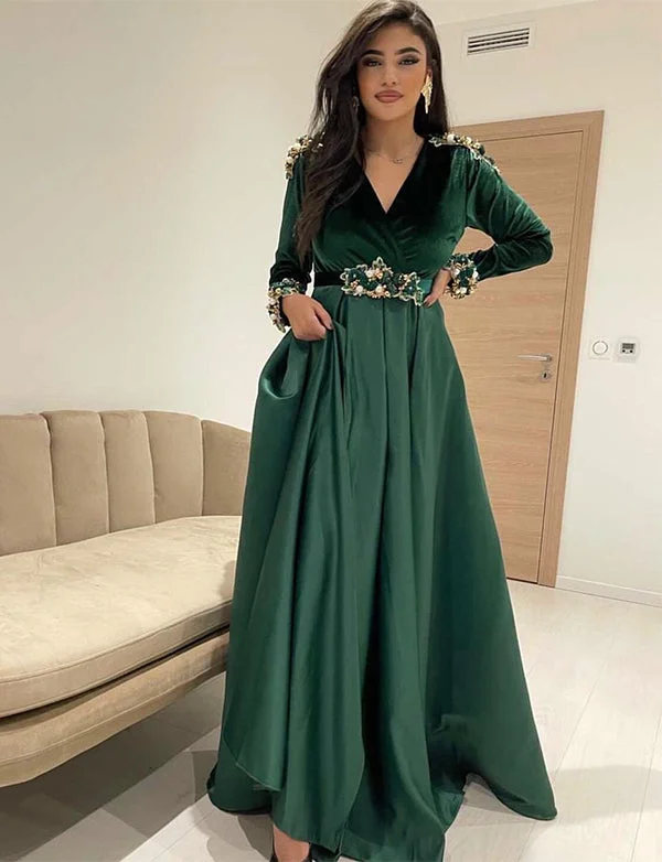 Winter Party DressesCaftan Marocain en Velours et Satin Vert