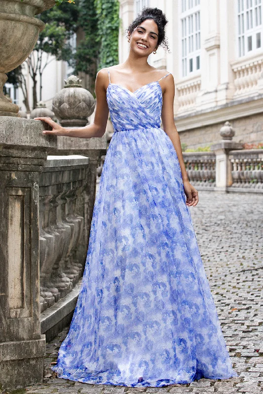 Party Dresses with Tie ClosureImprimé bleu A Ligne Spaghetti Bretelles Plissé Longue Robe De Demoiselle D’honneur Avec Lacets Dans Le Dos