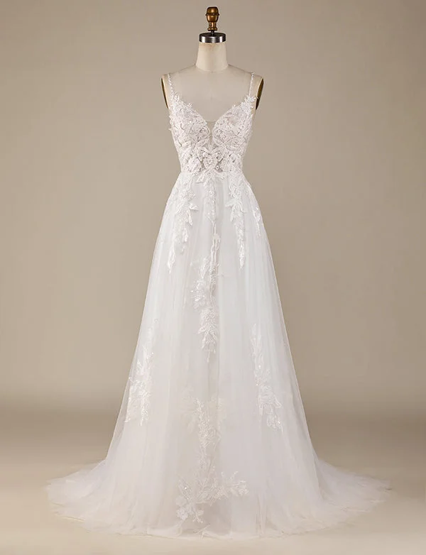 Party Dresses for Triathlon Events-Ivoire A-ligne Tulle Entres-Cross Strains Dos Robe de mariée