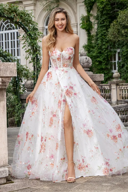 Party Dresses with Pom-Pom TrimIvoire Fleur A Ligne Sweetheart Brodé Corset Longue Robe De Soirée Avec Fente