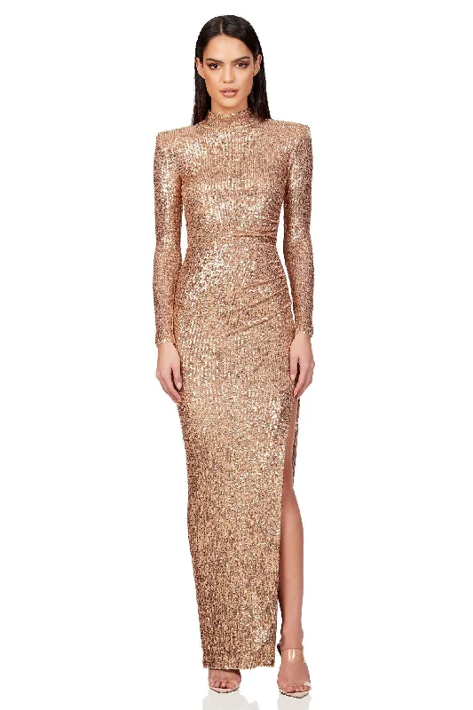 Party Dresses with StripesNOOKIE Veda High Neck Gown (Gold) - RRP $399