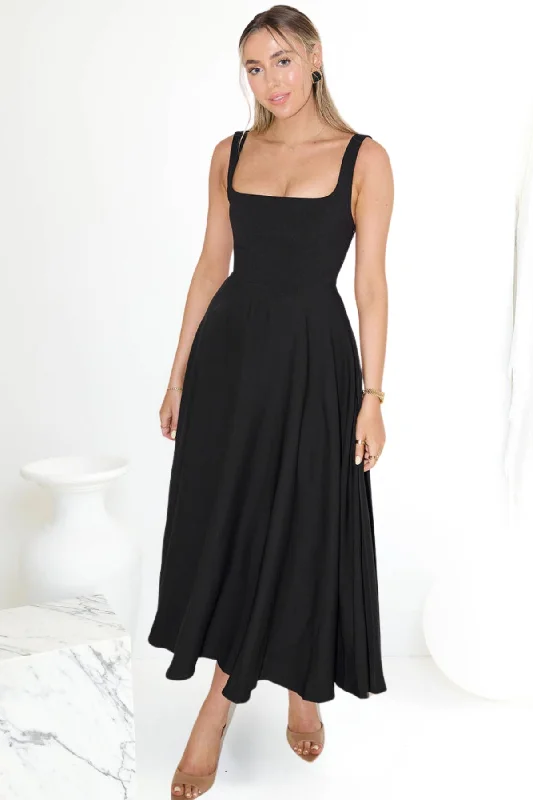 Party Dresses for Road TripsOdd Muse Ultimate Muse High Waist Square Neck Midi Dress (Black)