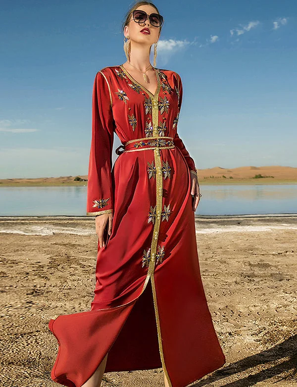 Party Dresses with Satin EmbellishmentsRobe Caftan Vermillon en Strass