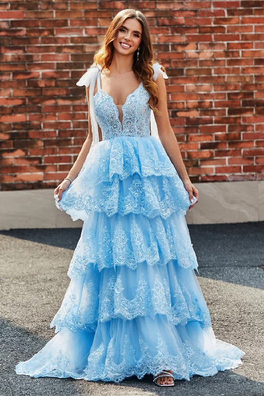 Party Dresses with Ombre EffectRobe de bal à paillettes à bretelles de noeud papillon en tulle à plusieurs niveaux avec appliques