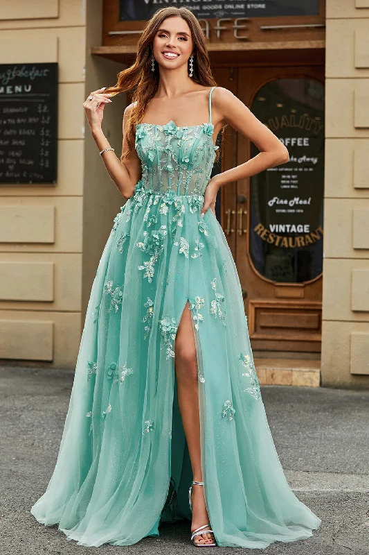 Party Dresses for New Year's EveRobe de soirée Corset en Tulle vert A-ligne avec Appliques