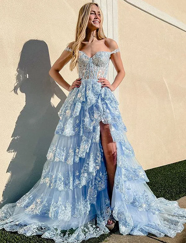 Party Dresses for Traveling AbroadRobe de bal de fin d'année en dentelle avec fente et corset bleu