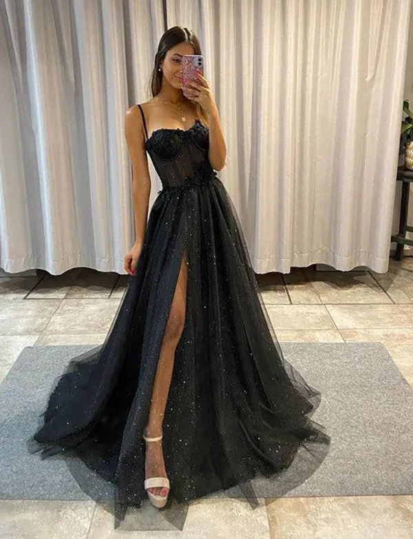 Mini Party DressesRobe de bal de fin d'année noire à bretelles spaghetti et paillettes avec fente