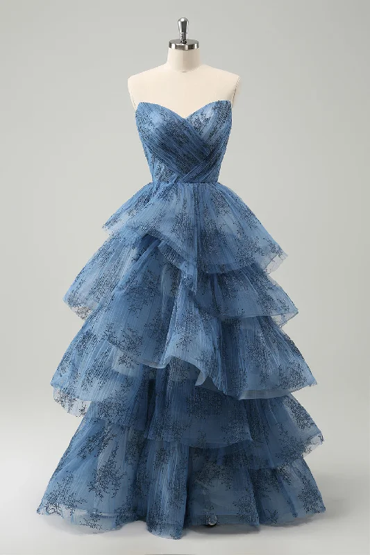 Party Dresses with Kinetic Energy HarvestingRobe de bal longue sans bretelles grise bleue brodée à plusieurs niveaux
