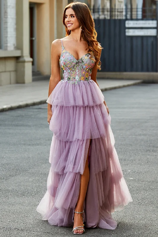 Party Dresses with Gradient ColorsRobe de soirée mauve longue en tulle longue corset à plusieurs niveaux avec appliques
