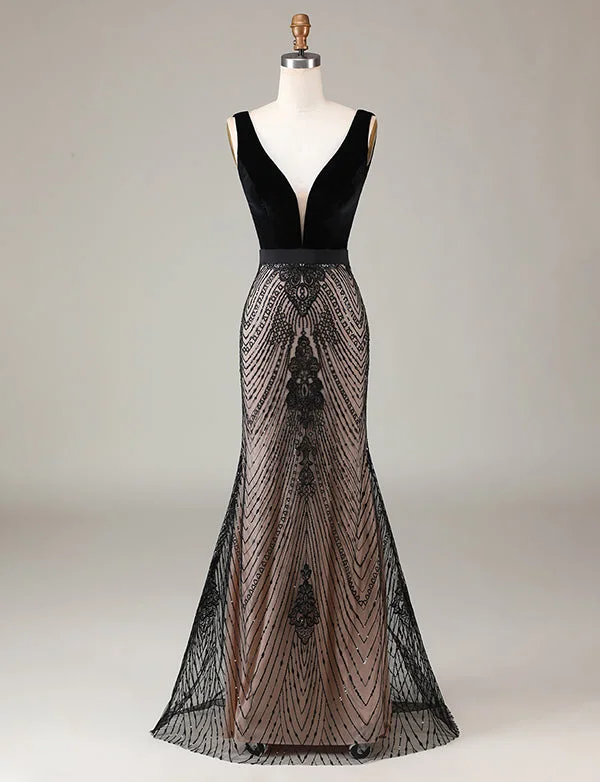Party Dresses with Ruffled SkirtRobe de cérémonie longue, perlée et sirène, noire et étincelante