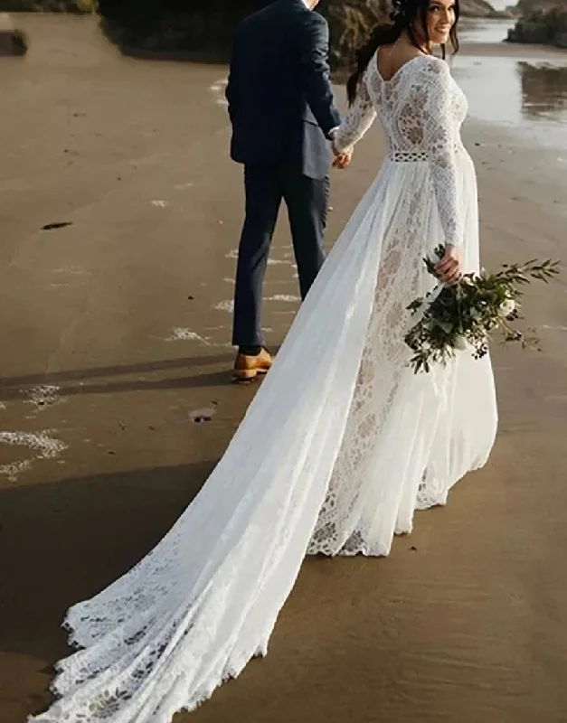 Party Dresses with Cap SleevesRobe de Mariée à Col Rond avec Manches Longues en Dentelle et Jupe Évasée