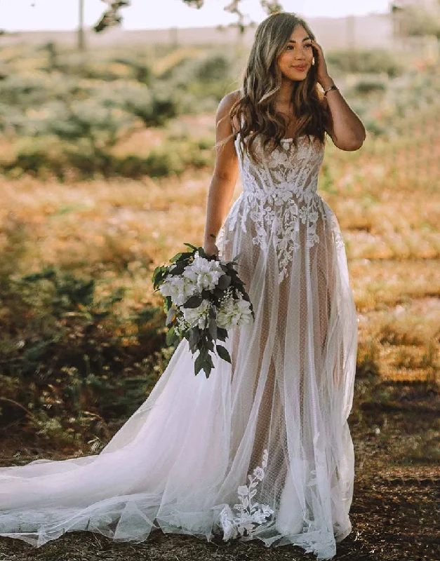 Denim Party DressesRobe de mariée A-ligne en tulle avec bretelles brodées et dos nu