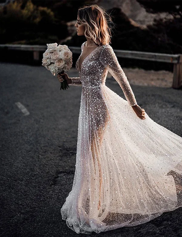 Party Dresses with Velvet DetailsRobe de mariée à manches longues avec paillettes