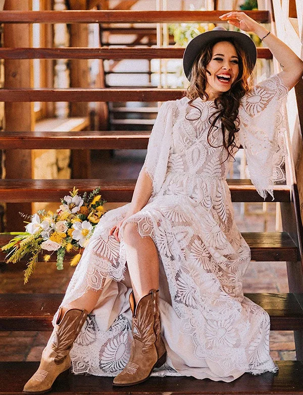 Party Dresses with CrochetRobe de mariée boho en dentelle avec manches