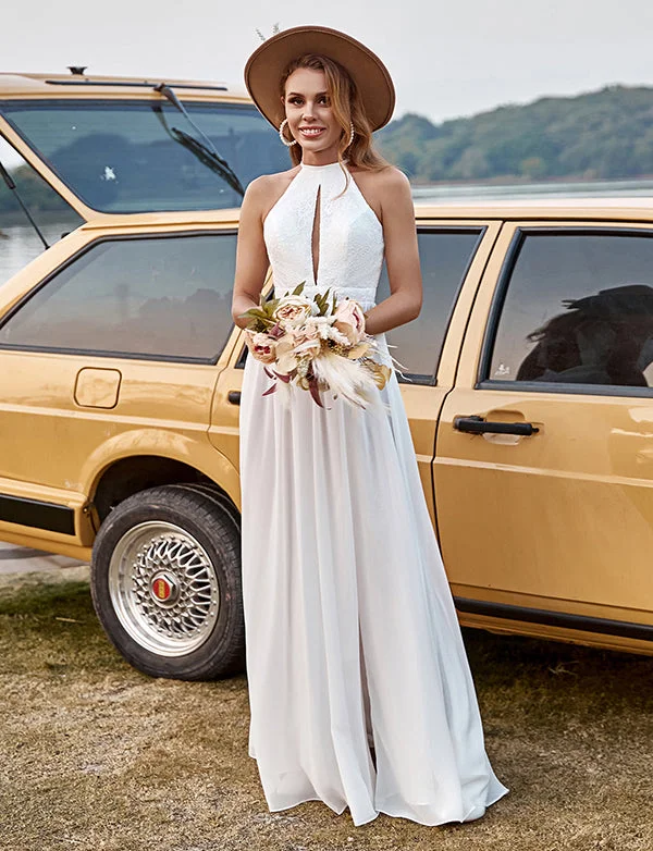 Party Dresses with Asymmetrical SkirtRobe de mariée en dentelle ivoire en mousseline de soie Halter Boho avec fente