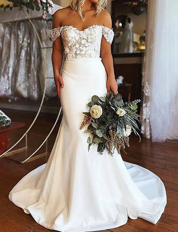Party Dresses with BootsRobe de mariée longue, blanche, à épaules dégagées, avec applications, de type sirène