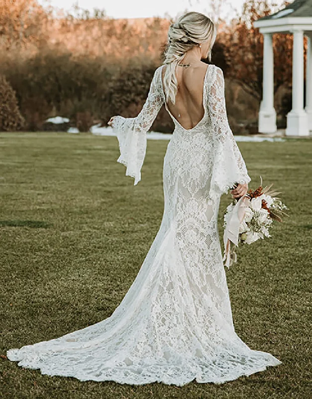 Party Dresses with Tiered SkirtRobe de Mariée Sirène à Manches Longues avec Découpe dans le Dos et Appliqués