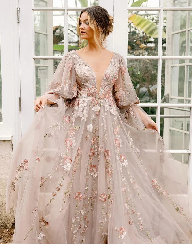 Party Dresses for All SeasonsRobe de princesse à col en V profond avec manches bouffantes et motifs floraux en tulle