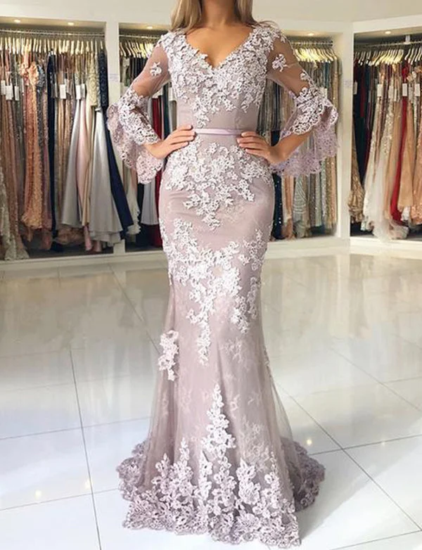 Party Dresses with Holographic DetailsRobe de Soirée à Manches Longues en Dentelle Sirène