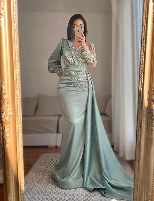 Party Dresses with Tiered SkirtRobe de Soirée Brodée en Satin Vert Sirène