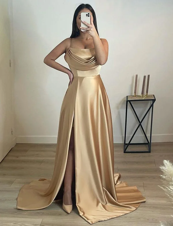 Party Dresses for Nighttime WearRobe de Soirée en Satin Champagne avec Fente