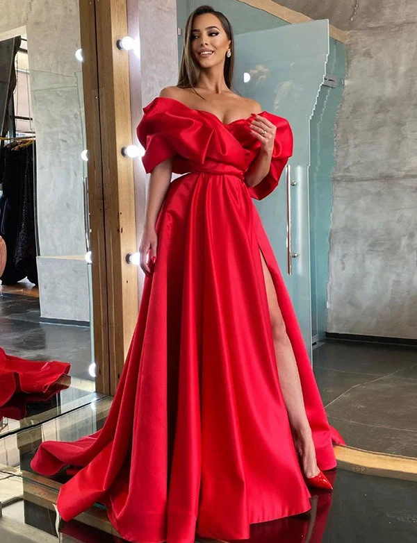 Party Dresses with Zipper ClosureRobe de Soirée en Satin Rouge à Manches Bouffantes Party Dresses with Zipper ClosureRobe de Soirée en Satin Rouge à Manches Bouffantes