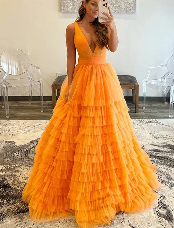 Party Dresses for Formal EventsRobe de Soirée Longue en Tulle à Col en V Orange