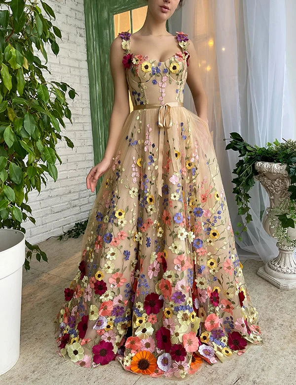 Party Dresses for Summer VacationRobe de Soirée Longue Fleurie Champagne