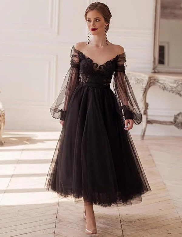 Party Dresses with Off-the-Shoulder SleevesRobe de Soirée Noir en Tulle à Col en V