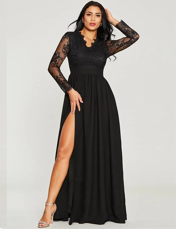 Party Dresses with Lace DetailsRobe de Soirée Noire à Manches Longues