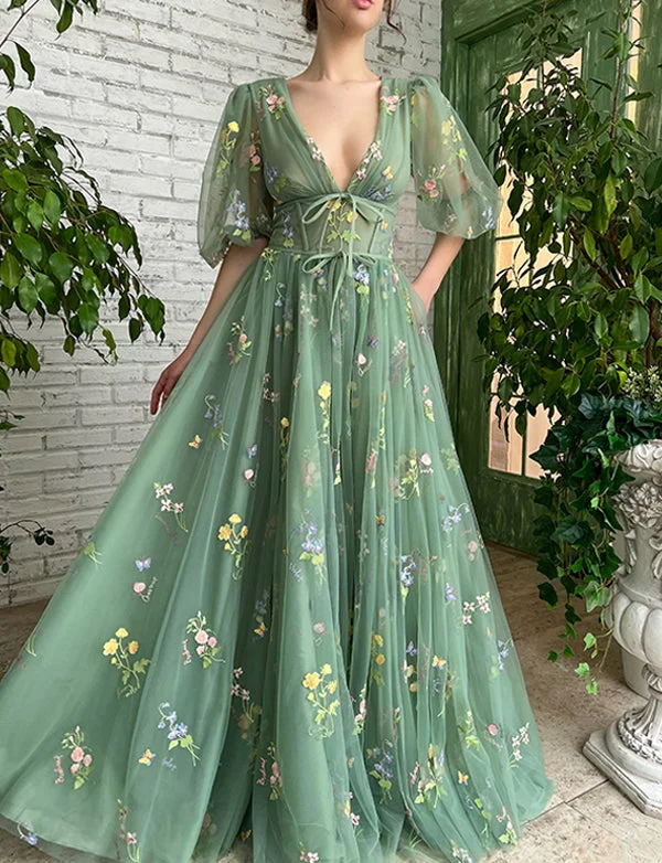 Party Dresses for Board Game NightsRobe de Soirée Vert en Tulle à Fleurs