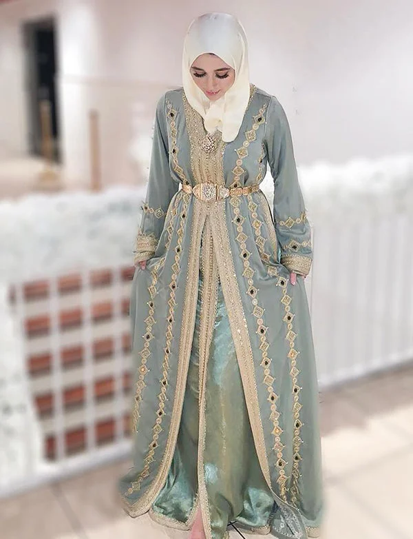 Party Dresses with Projection MappingTakchita Bleu Satin Caftan