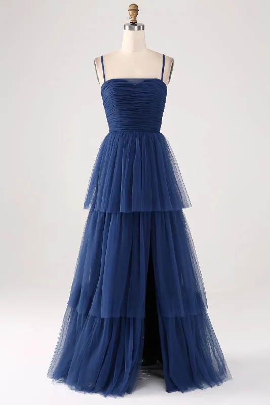 Party Dresses for New Year's EveUne ligne Spaghetti Bretelles Niveaux Tulle Plissé Robe de Soirée avec fente