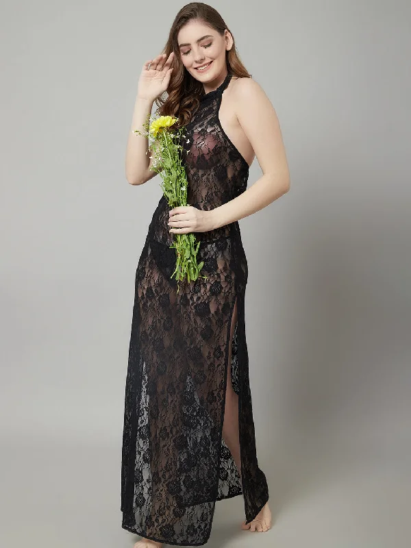 Party Dresses with EmbroideryOverall Lacy Halter Neck Long Gown - Black