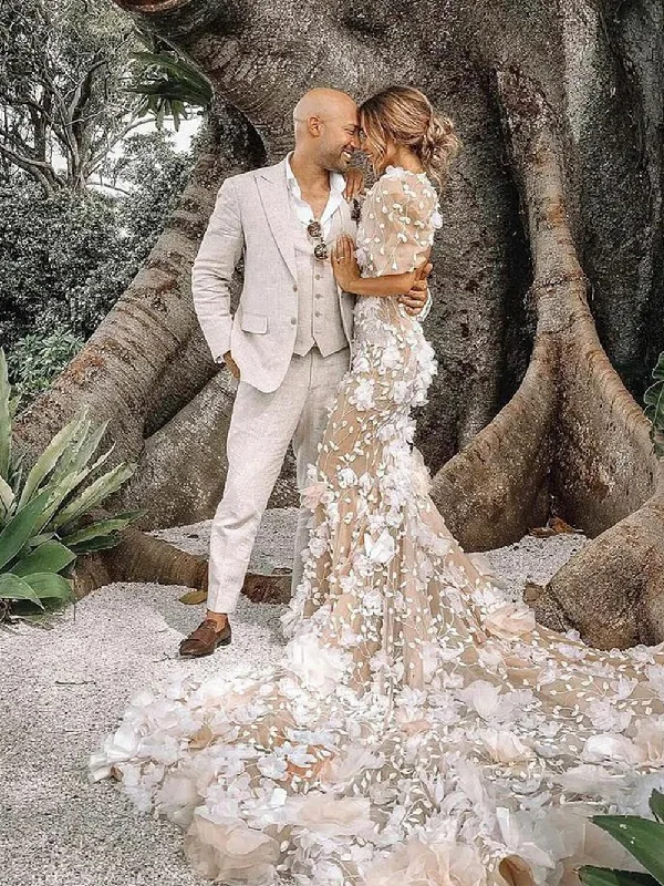 3D Flowers Puff Short Sleeves Stunning Mermaid Wedding Dress with Chapel Train WD1910 3D Flowers Puff Short Sleeves Stunning Mermaid Wedding Dress with Chapel Train WD1910