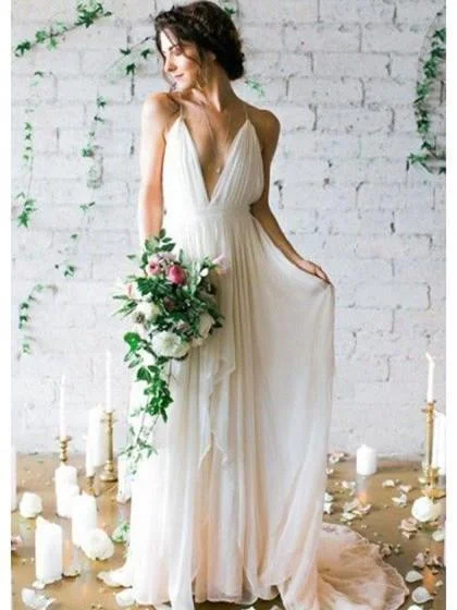 Where to find wedding dresses for vintage-style weddings-A-line Deep-V Sweep Train Chiffon Simple Wedding Dresses ASD26738