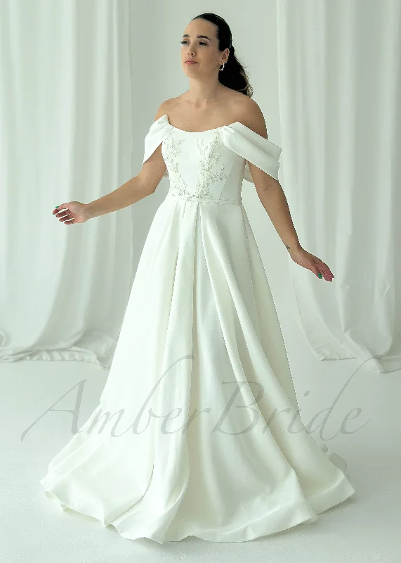 Best wedding dress colors for different skin tones-A Line Glitter Satin Wedding Dress with Off Shoulder Design and Floral Appliques Best wedding dress colors for different skin tones-A Line Glitter Satin Wedding Dress with Off Shoulder Design and Floral Appliques
