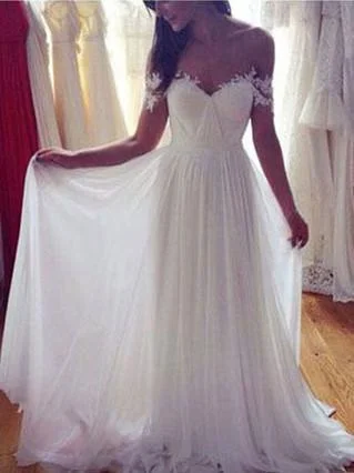 A-line Off-Shoulder Sweep Train Chiffon White Wedding Dresses With Appliques ABC00030 A-line Off-Shoulder Sweep Train Chiffon White Wedding Dresses With Appliques ABC00030