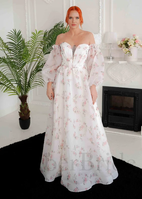 Wedding dresses with lace for a delicate touch-A-Line Organza Wedding Dress with Floral Paintings and Long Sleeves Wedding dresses with lace for a delicate touch-A-Line Organza Wedding Dress with Floral Paintings and Long Sleeves